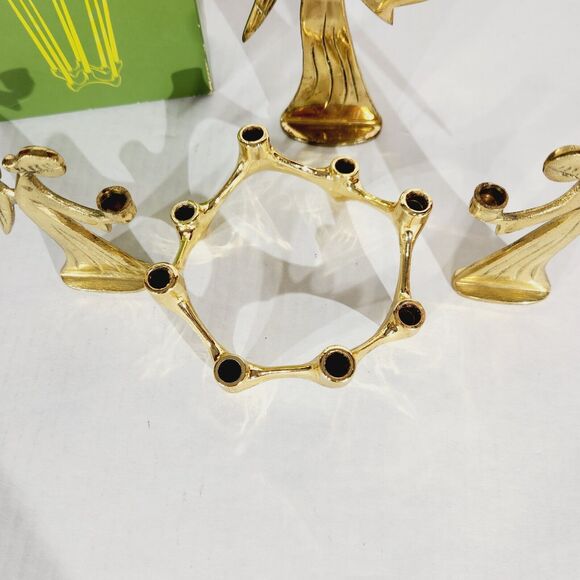 Vtg Brass Taper Candlestick Candle Holder Lot of Angels Flower MCM USA Hong Kong - Picture 6 of 15